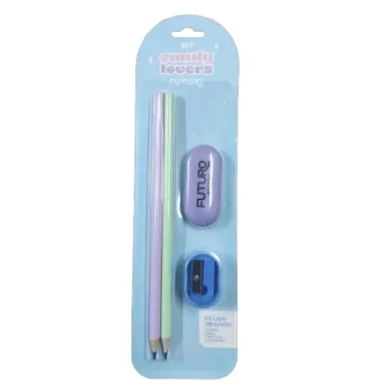 Kit Escolar 4 Itens Candy Lovers Lapis Borracha e Apontador Kits Completos Papelaria Fofa Cor Pastel