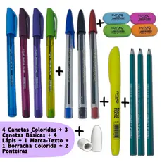 Kit Escolar 04 Canetas Color + 03 Canetas Simples + 1 Borracha + 1 Marcador + 3 Lápis + 2 Ponteiras