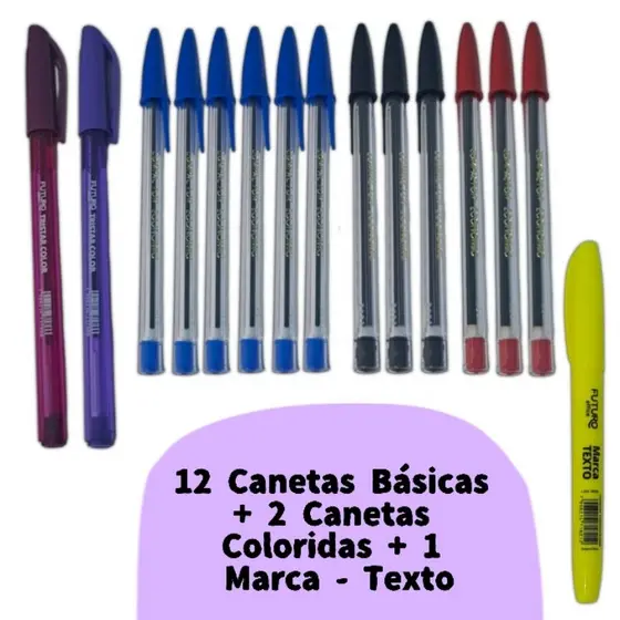 Kit Escolar 2 Canetas Coloridas + 12 Canetas Básicas Esferográficas + 1 Marcador