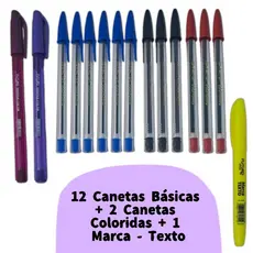 Kit Escolar 2 Canetas Coloridas + 12 Canetas Básicas Esferográficas + 1 Marcador