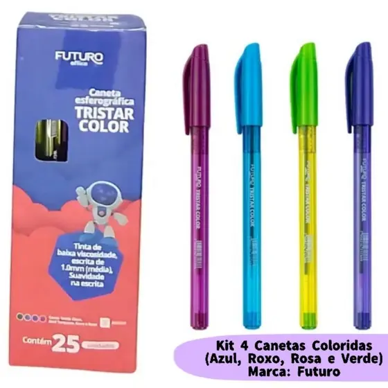 Kit Escolar 4/8/12 Canetas Coloridas Marca Futuro Azul Rosa Roxo Verde