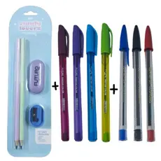 Kit Escolar Candy Lovers Lápis 1 Borracha 1 Apontador + 4 canetas Colorida + 3 Basicas Fofa Pastel