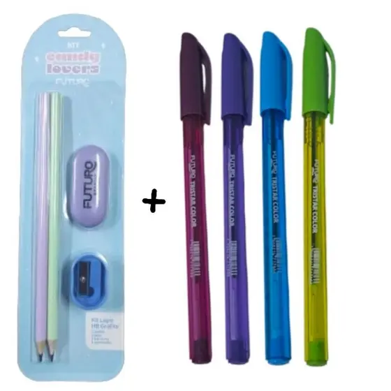 Kit Escolar Candy Lovers Lápis 1 Borracha 1 Apontador + 3 canetas Coloridas Papelaria Fofa Pastel