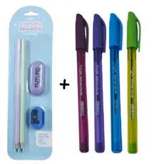 Kit Escolar Candy Lovers Lápis 1 Borracha 1 Apontador + 3 canetas Coloridas Papelaria Fofa Pastel