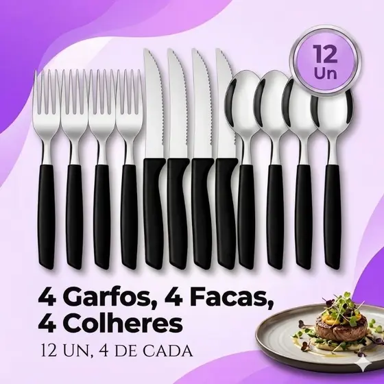 Jogo de Talheres 12 Talheres Inox: 3 Garfos, 4 Garfos, 4 Facas, 4 Colheres Cabo Preto