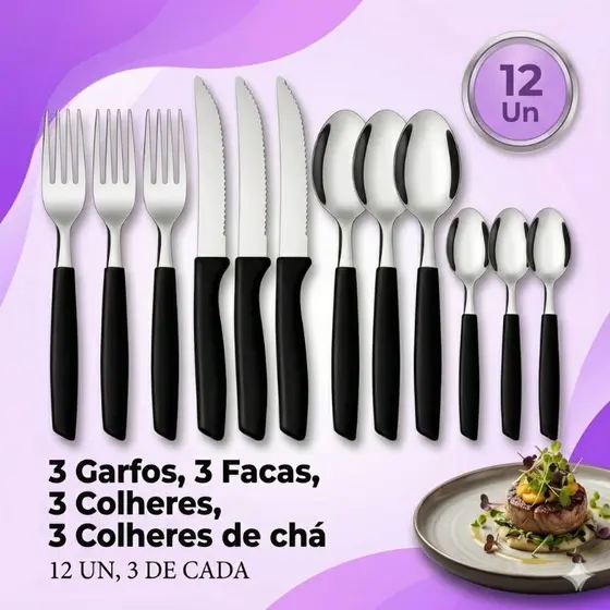 Jogo de Talheres 12 Talheres Inox 3 Garfos, 3 Facas, 3 Colheres, 3 Colheres Chá Cabo Preto Inox