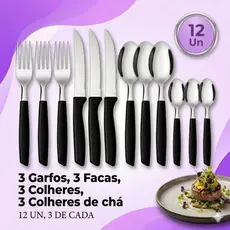 Jogo de Talheres 12 Talheres Inox 3 Garfos, 3 Facas, 3 Colheres, 3 Colheres Chá Cabo Preto Inox