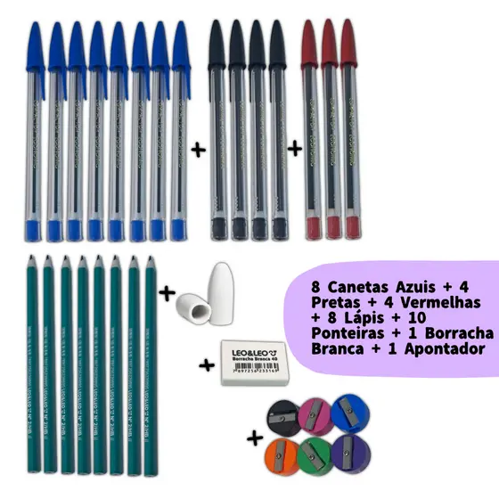 Kit Escolar 15 Canetas Azul Preta Vermelha + 8 Lápis + 1 Borracha + 10 Ponteiras + 1 Apontador