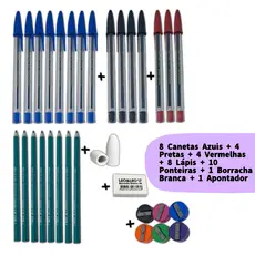 Kit Escolar 15 Canetas Azul Preta Vermelha + 8 Lápis + 1 Borracha + 10 Ponteiras + 1 Apontador