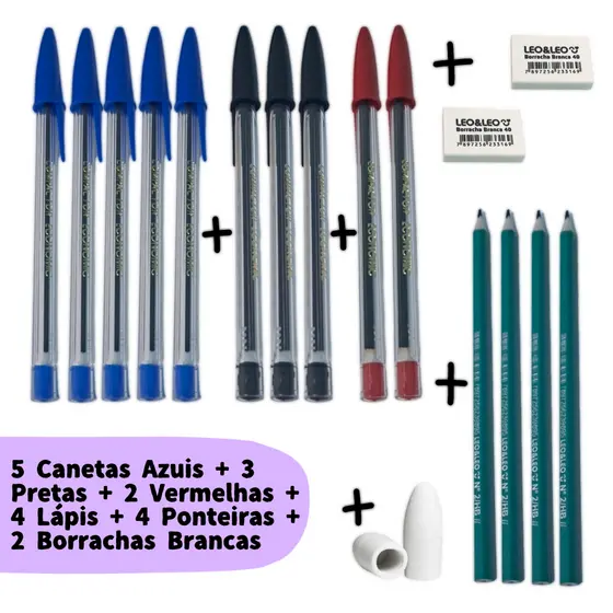 Kit Escolar 10 Canetas Básicas + 04 Lápis Grafite + 02 Borrachas Brancas + 4 Ponteiras