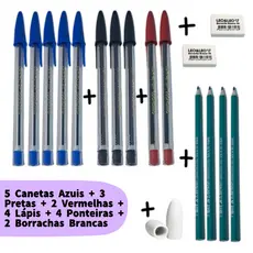 Kit Escolar 10 Canetas Básicas + 04 Lápis Grafite + 02 Borrachas Brancas + 4 Ponteiras