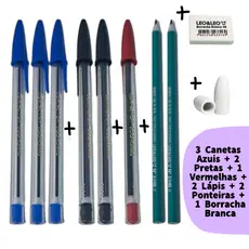 Kit Escolar 06 Canetas Esferográficas + 02 Lápis Grafite + 1 Borracha Branca + 2 Ponteiras