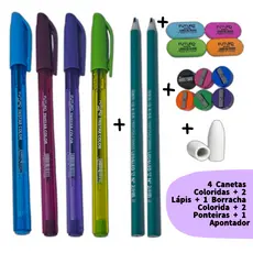 Kit Escolar 04 Canetas Coloridas + Borracha Colorida + 2 Lápis + 2 borrachas Ponteiras + 1 Apontador
