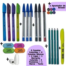 Kit Escolar 4 Canetas Color + 6 Canetas Básicas + 4 Lápis + 1 Borracha + 4 Ponteiras + Marcador