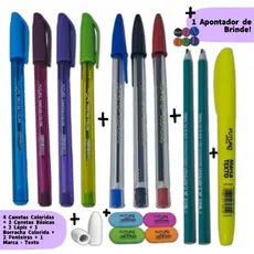 Kit Escolar 4 Canetas Color + 3 Básicas + 2 Lápis + 2 Ponteiras + 1 Marcador + 1 Borracha Color