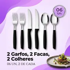 Jogo de Talheres 6 Peças Inox: 2 Garfos, 2 Facas, 2 Colheres Inox Cabo Preto Design