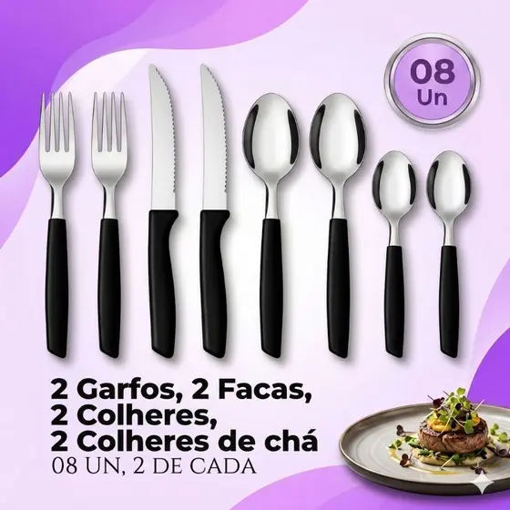 Jogo de Talheres Inox Cabo Preto 8 Peças 2 Garfos, 2 Facas, 2 Colheres, 2 Colheres Chá Completo