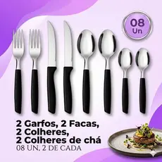 Jogo de Talheres Inox Cabo Preto 8 Peças 2 Garfos, 2 Facas, 2 Colheres, 2 Colheres Chá Completo