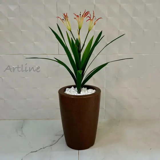 Planta Artificial Orquídea ou Folhagem com Vaso Decorativo Coluna Redonda Liso PP(VASO+PLANTA+ARGILA+PEDRAS BRANCAS)