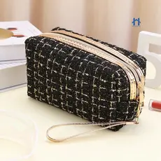 Estojo Necessaire Bolsa de Maquiagem Tweed com Alça  –  Compacta e Versátil Para Viagem ou Dia a Dia
