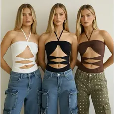 Body Feminino sexi Tiras Recortes Ajustável Preto Branco Vermelho Marrom Estilo Gringa Festa Balada