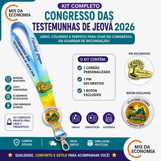 Kit Completo Felicidade Eterna Congresso 2026 | Cordão + Pin + Boton