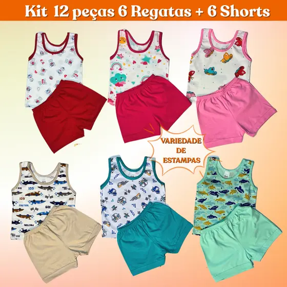 Conjunto Infantil Regata Estampada e Short Liso 100% Algodão  Kit de 6, 3, 2  e 1 Conjuntos