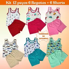 Conjunto Infantil Regata Estampada e Short Liso 100% Algodão Kit de 6, 3, 2 e 1 Conjuntos