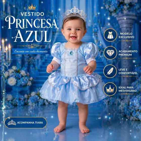 Fantasia Princesa Bebê Azul com Tiara Vestido Infantil para Mesversário Festa Temática