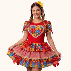 Vestido Caipira Adulto Feminino Festa Junina Rodado Bandeirinha Vermelho