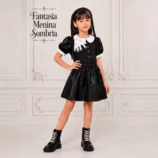 Fantasia Infantil Menina Sombria com Trança Vestido Preto Festa Halloween