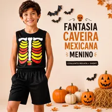 Fantasia Halloween Infantil Menino Caveira Mexicana Regata e Short