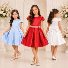 Vestido Infantil Elegante Menina com Cinto de Pérolas e Laço Removível
