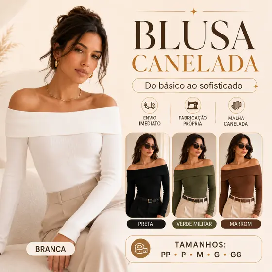 Kit com 2 Blusas Femininas Caneladas Ombro a Ombro Manga Longa Básica Elegante
