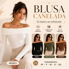 Kit com 2 Blusas Femininas Caneladas Ombro a Ombro Manga Longa Básica Elegante