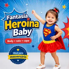Fantasia Bebê Heroína Vermelha e Azul com Capa para Mesversário e Festa Infantil