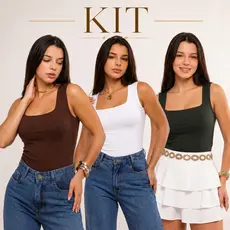 Kit Regatas Femininas Básicas em Malha Blusa Alcinha Larga Decote Quadrado