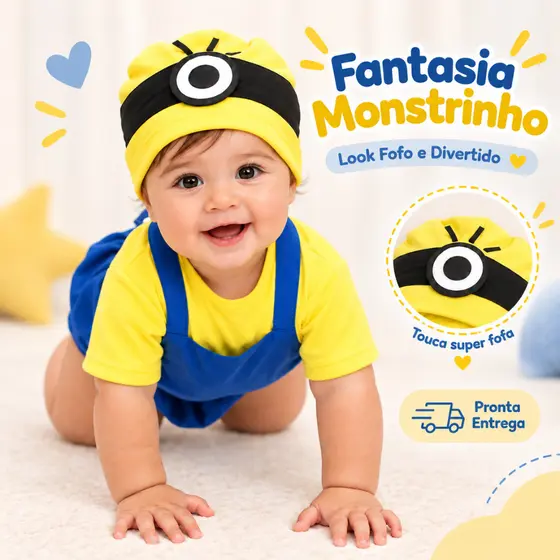 Fantasia Bebê Monstrinho Menino com Jardineira Azul Blusa Amarela e Touca