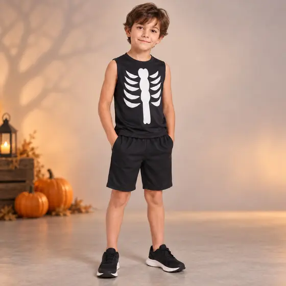 Fantasia Infantil Menino Esqueleto Regata com Short Festa Halloween Carnaval 0074
