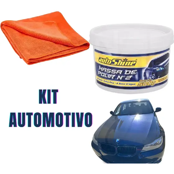 KIT MASSA DE POLIR AUTOMOTIVA AUTOSHINE BASE AGUA 500G + PANO FLANELA MICROFIBRA
