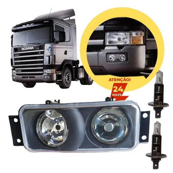 Kit Farol Milha + Lâmpadas H1 Scania Lado Direito Lente De Vidro