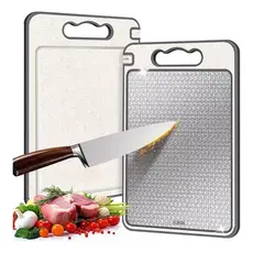 Tábua de Corte Cortar Carne Placa Dupla Face Higiênica em Aço Inox e PP com Afiador e Alça