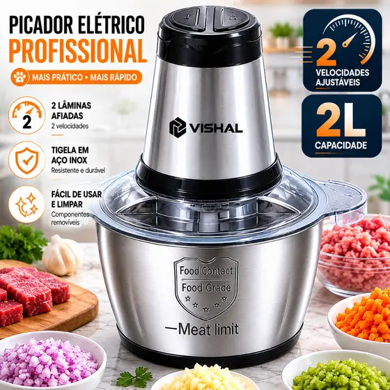 2 Litro Triturador De Alimentos Carne e Legumes Elétrico Multiprocessador 2 Modos Bivolt Inox Fácil De Limpar