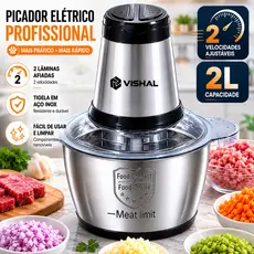 2 Litro Triturador De Alimentos Carne e Legumes Elétrico Multiprocessador 2 Modos Bivolt Inox Fácil De Limpar