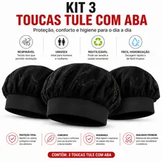 Kit 3 Toucas Tule Com Aba Pretas Reutilizáveis Unissex Cozinha Chef Confeitaria Padaria Restaurante Lanchonete Profissio