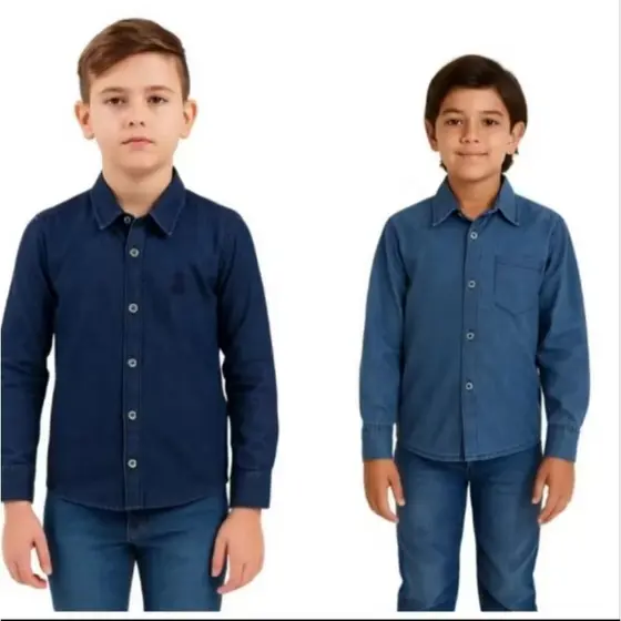 camisa jeans manga longa juvenil masculino infantil menino blusa em duas cores Tam P M G 1 2 3 4 6 8 10 12 14 16