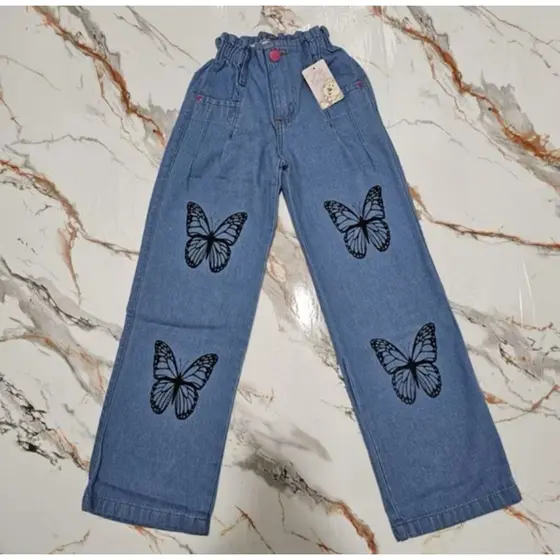 calça e conjunto Jeans infantil cós elastico pantalona boca de sino menina, tamanho 10 12 14 16 borboleta