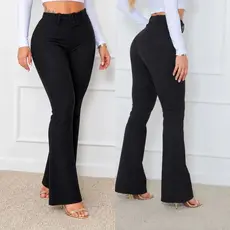 Calça Flare Bailarina Com Cinto Embutido Fivela Forrada Tecido Malha Pop Inverno Transparência 0