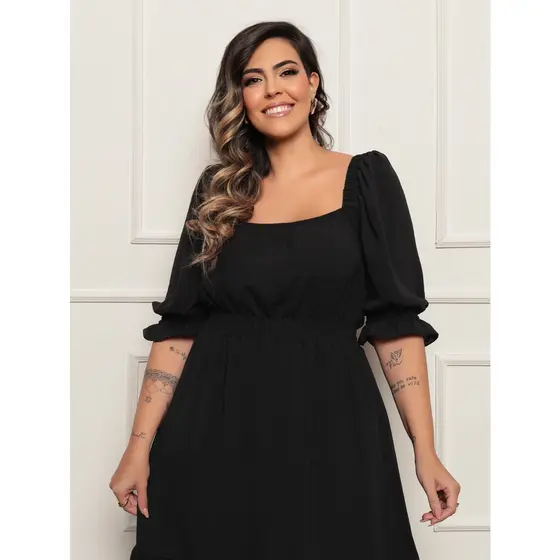 Vestido Mídi Feminino Manga Bufante Tecido Duna Premium Plus Size Com Elastex Decote Quadrado G2 G4