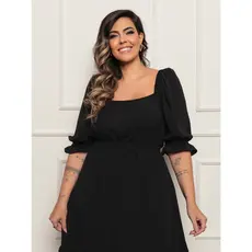 Vestido Mídi Feminino Manga Bufante Tecido Duna Premium Plus Size Com Elastex Decote Quadrado